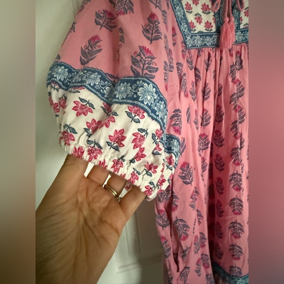 Old Navy Pink Blue Floral Boho Puff Sleeve Mini Swing Dress Tie Neck Large - Picture 4 of 8